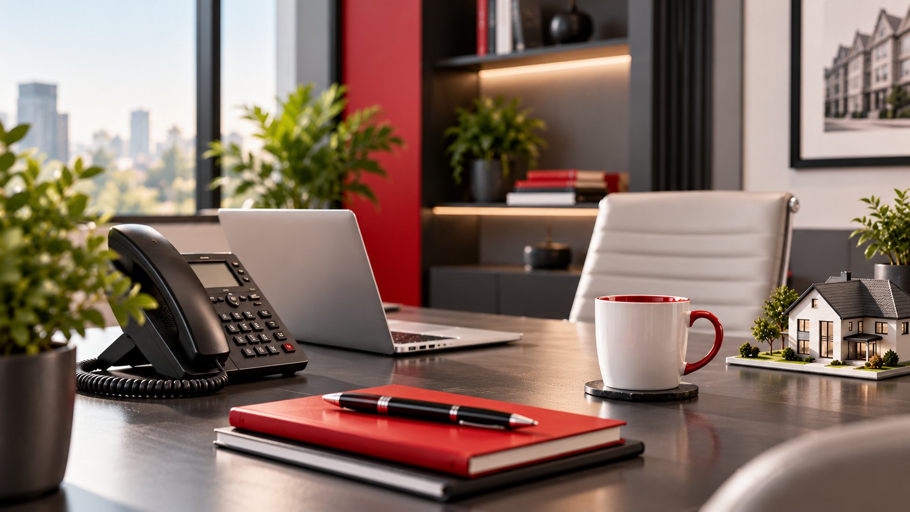 An office desk with a phone, laptop, notebook and a model house