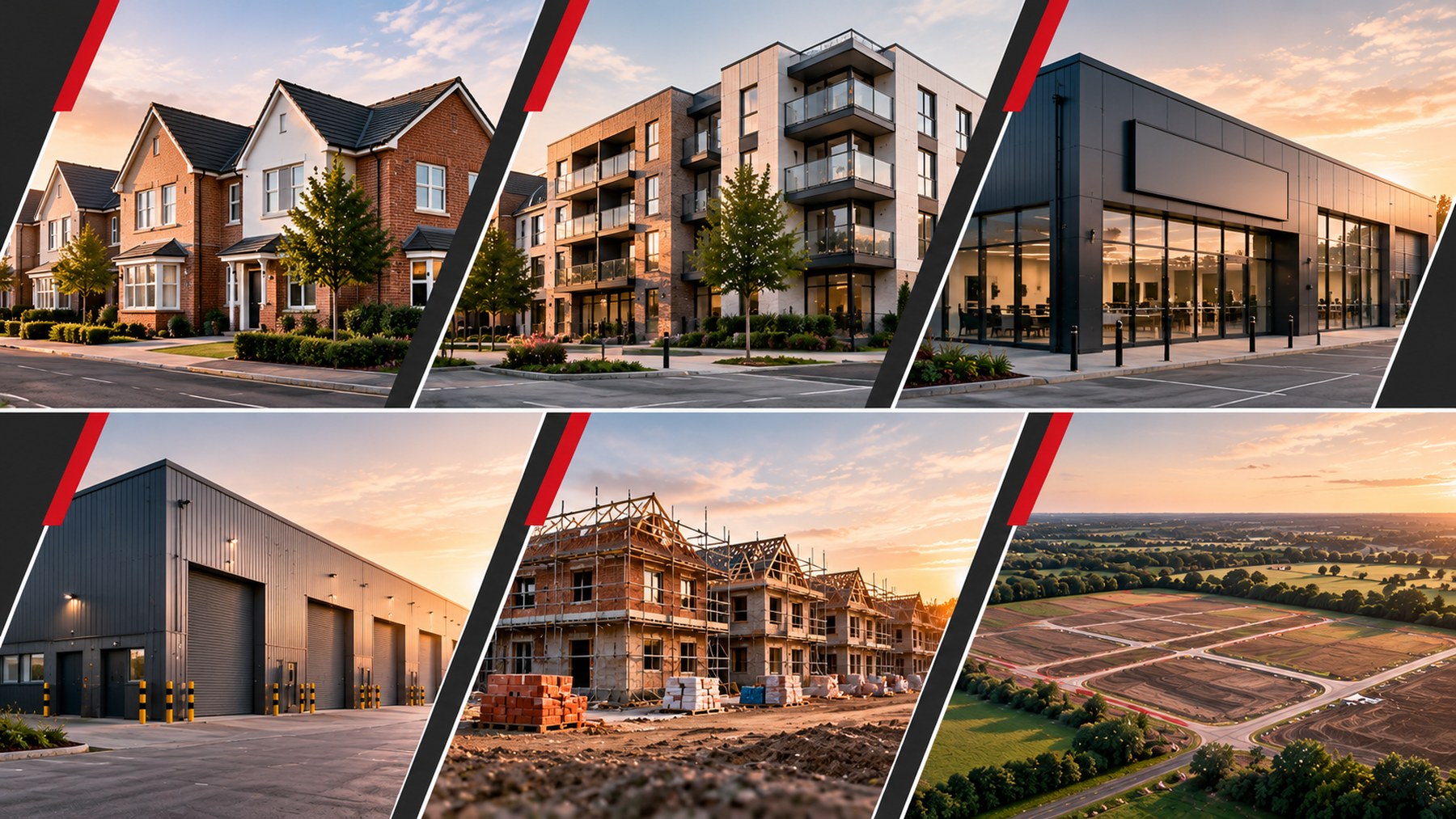 Houses, flats, commercial buildings, a warehouse, a development site and land