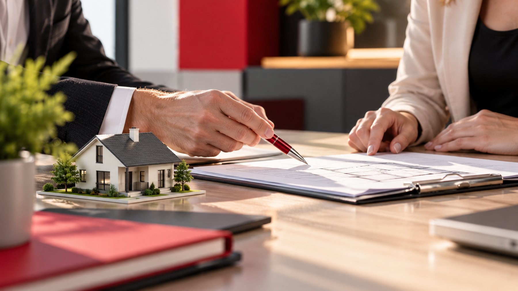 Two people reviewing documents beside a model house