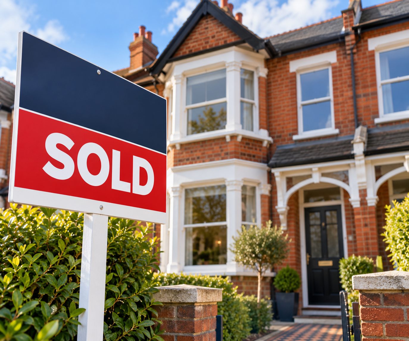 A red and white SOLD sign outside a period brick terraced house