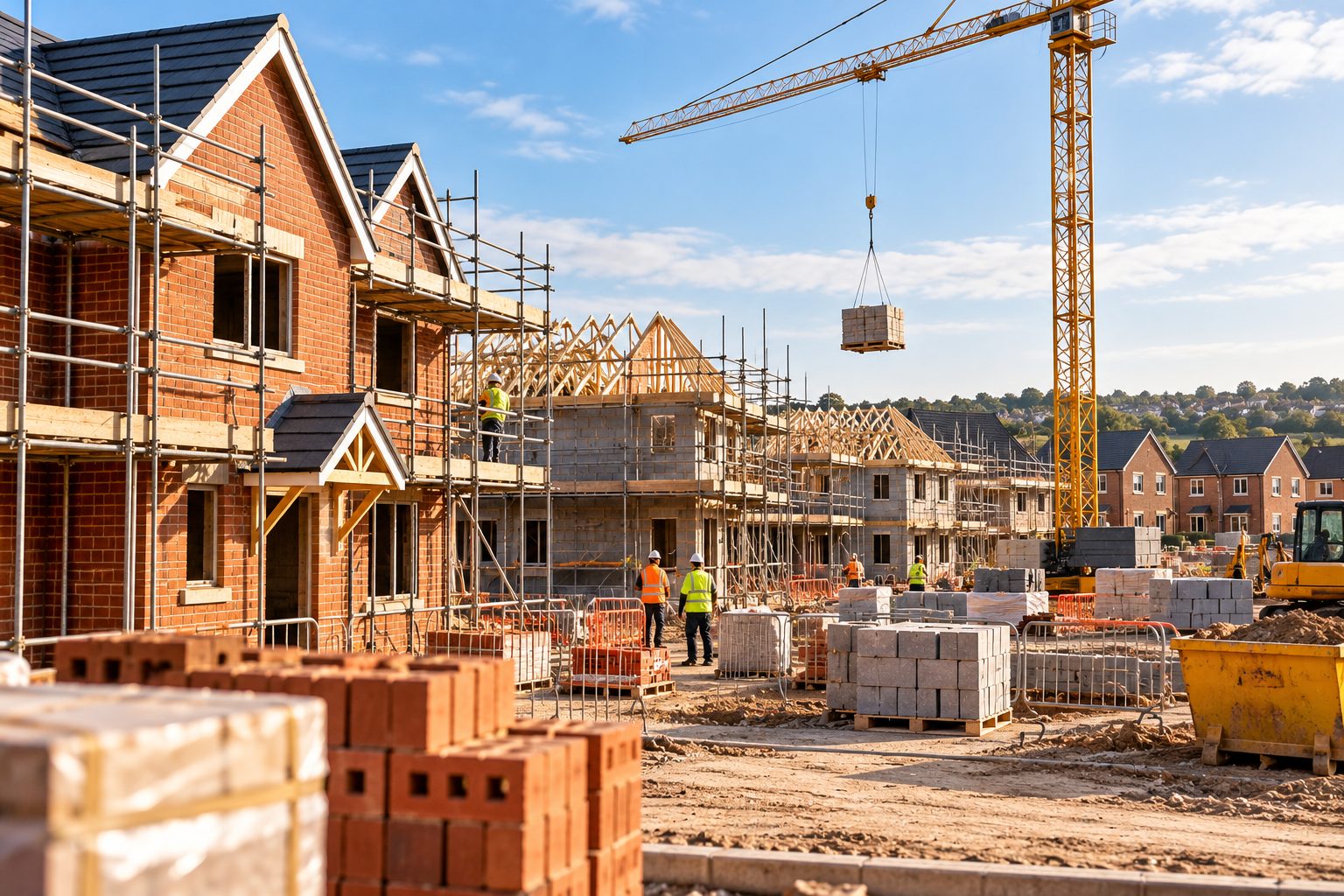 A residential housing development under construction, with scaffolding, brick-built houses, a tower crane and builders on site