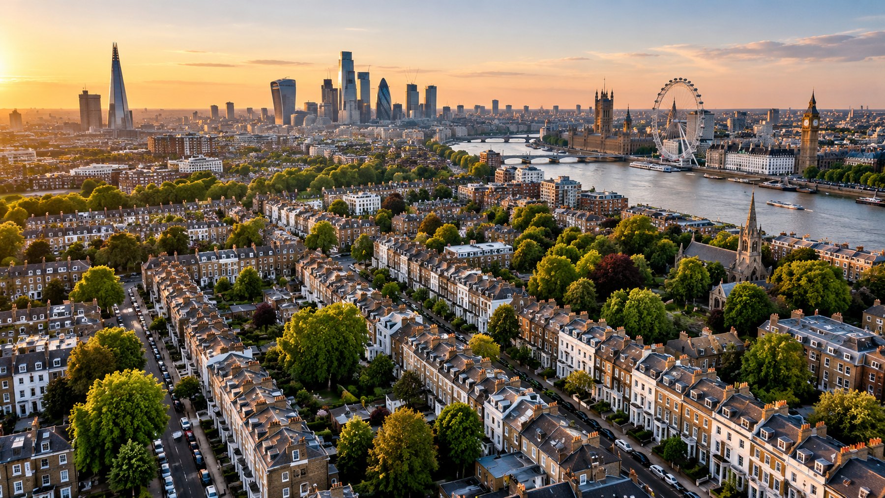 An aerial view of London at sunset, with terraced streets, the Thames and the city skyline
