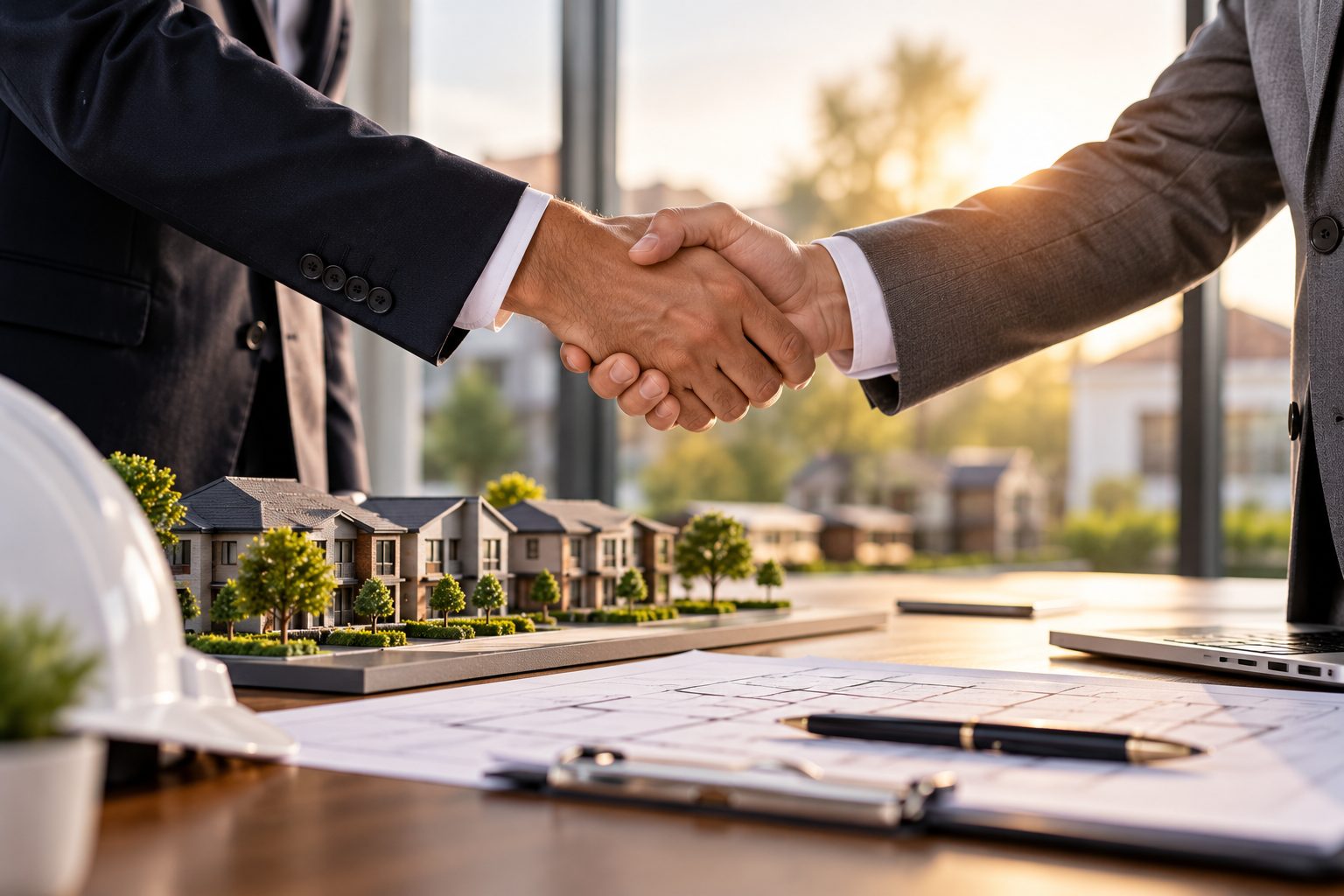 Two business people shaking hands over a model housing development, a hard hat and building plans